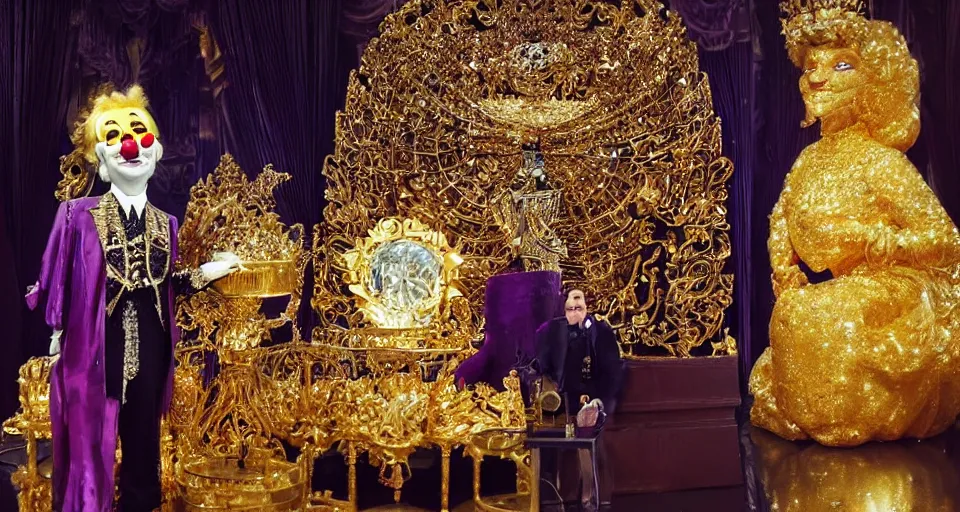 Prompt: shining majestic throne made of millions of diamonds, gold and zaphires with thousands of light reflections, and a clown on a tuxedo suit is sitting on the throne while handing a golden globe, cartoon style, dramatic light