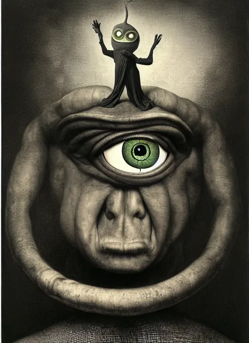 Image similar to photograph of mike wazowski by hieronymus bosch, joel peter witkin, misha gordin, gustave dore, matte painting