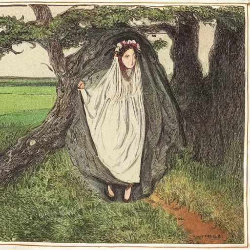 Prompt: a girl with a bridal veil covering her face. apple tree. folk. thomas hardy tess of the d'urbervilles. pastoral. folk. gothic. vibrant