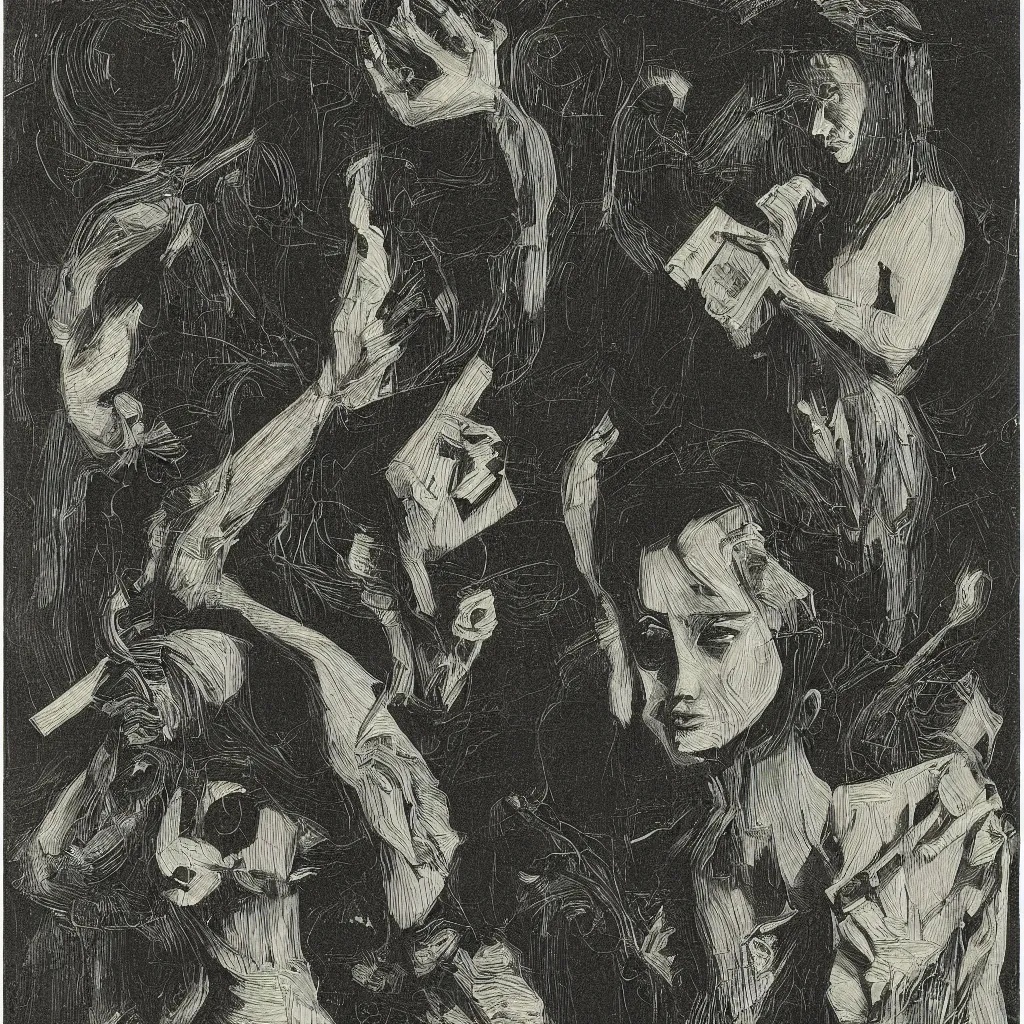 Prompt: A young woman with a bird's head reading a book in a datacenter with ethernet cables, smoke and landfill, in the style of the woman with 100 heads by Max Ernst, collage, engraving, black and white, 1929
