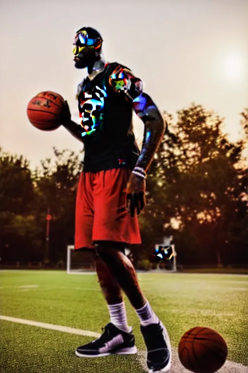 Image similar to lebron james playing basketball outside at sunset