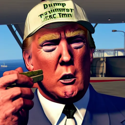 Prompt: gta v closeup Donald Trump holding cigar in his teeth, wearing badly stained white singlet
