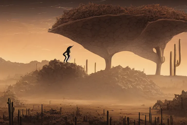 Image similar to a photo of a dystopian desert with loots of Cacti, sandy colours, sandy green, sandy, sandy beige, sobbing sad black silhouette of a person, cantered, by Cyril Rolando, trending on DeviantArt, desolated, dark, 8k resolution, rendered in Zbrush