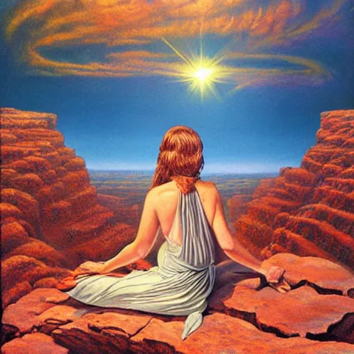 Image similar to a painting of a woman sitting on a cliff, a character portrait by barclay shaw, cg society, fantastic realism, official art, 1 9 9 0 s, academic art