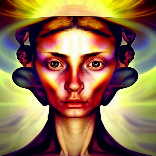 Prompt: Colour Caravaggio style Photography of Beautiful woman with highly detailed 1000 years old face wearing higly detailed sci-fi halo over her head designed by Josan Gonzalez. Many details . In style of Josan Gonzalez and Mike Winkelmann andgreg rutkowski and alphonse muchaand and Caspar David Friedrich and Stephen Hickman and James Gurney and Hiromasa Ogura. volumetric natural light