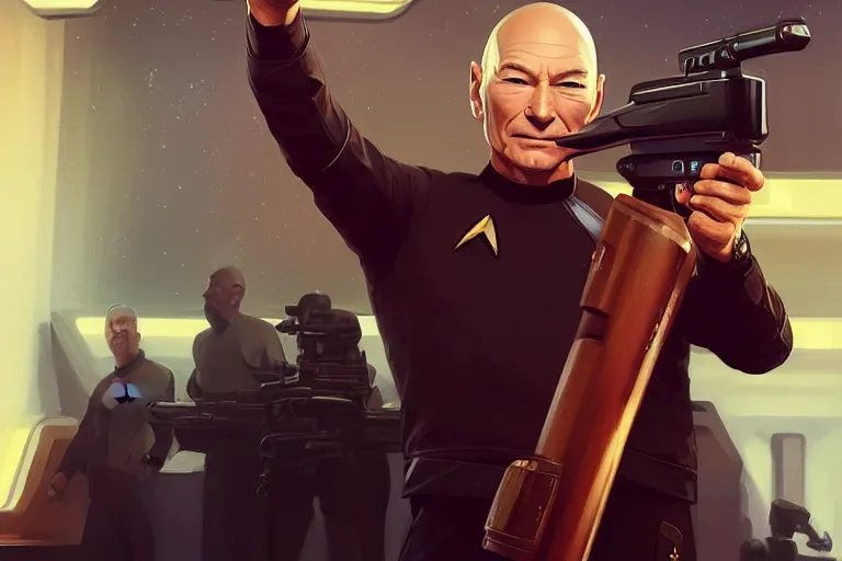 Image similar to portrait of patrick stewart holding an shotgun, star trek set in background, charlie bowater, artgerm, ilya kuvshinov, krenz cushart, ruan jia, realism, ultra detailed, 8 k resolution