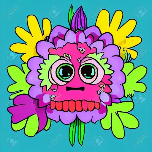 Image similar to flower monster head, detailed, cartoon illustration