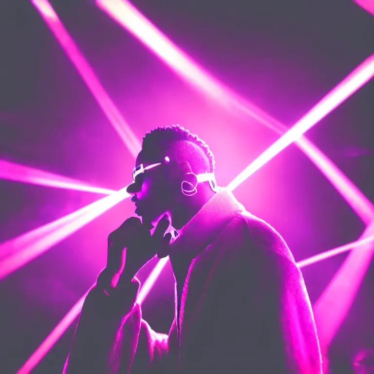 Prompt: rapper using microphone, epic angle, profile view, silhouetted, distinct, psychedelic hip-hop, laser light show, beams of light