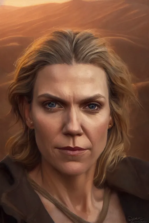 Prompt: detailed oil portrait of rhea seehorn, painted by greg rutkowski, dreamlike whistful expression, new mexico background, desert sky, golden hour lighting