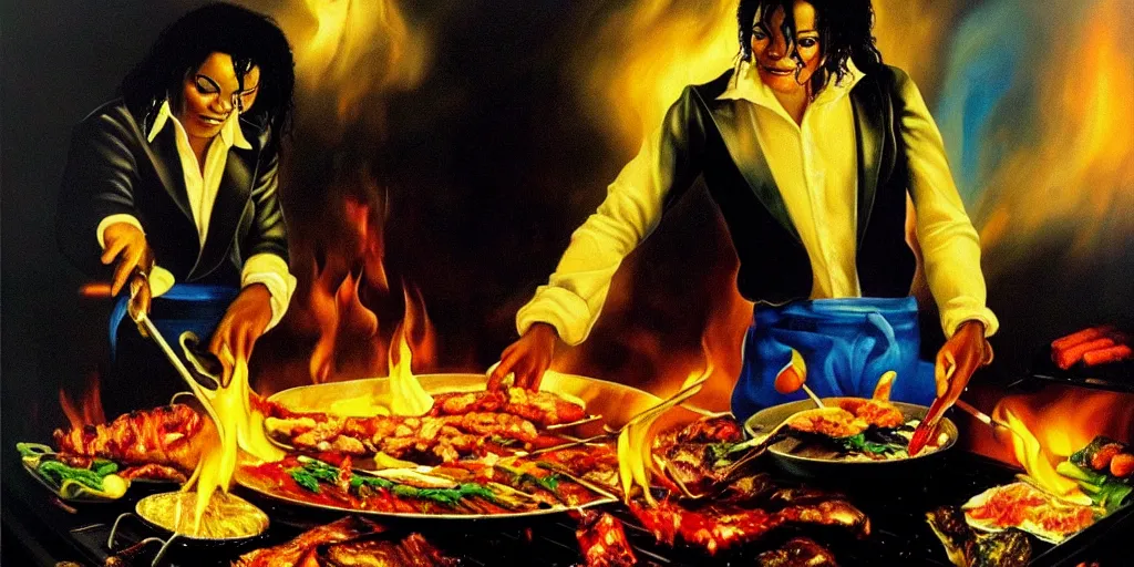Image similar to michael jackson cooking a bbq in heaven, abstract oil painting by gottfried helnwein pablo amaringo raqib shaw zeiss lens sharp focus high contrast chiaroscuro gold complex intricate bejeweled