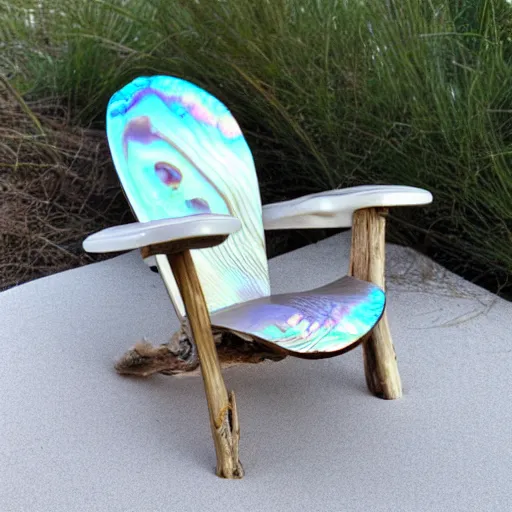 Prompt: beach chair made of large iridescent abalone shell, nacre, driftwood, sunny 35 mm product photo