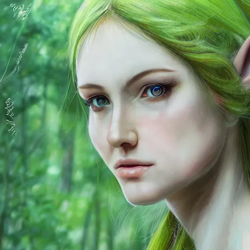 Prompt: a realistic portrait of a realistic female elf with a long withe and light green dress in the woods , perfect and hyperrealistic ultra detailed face, by WLOP