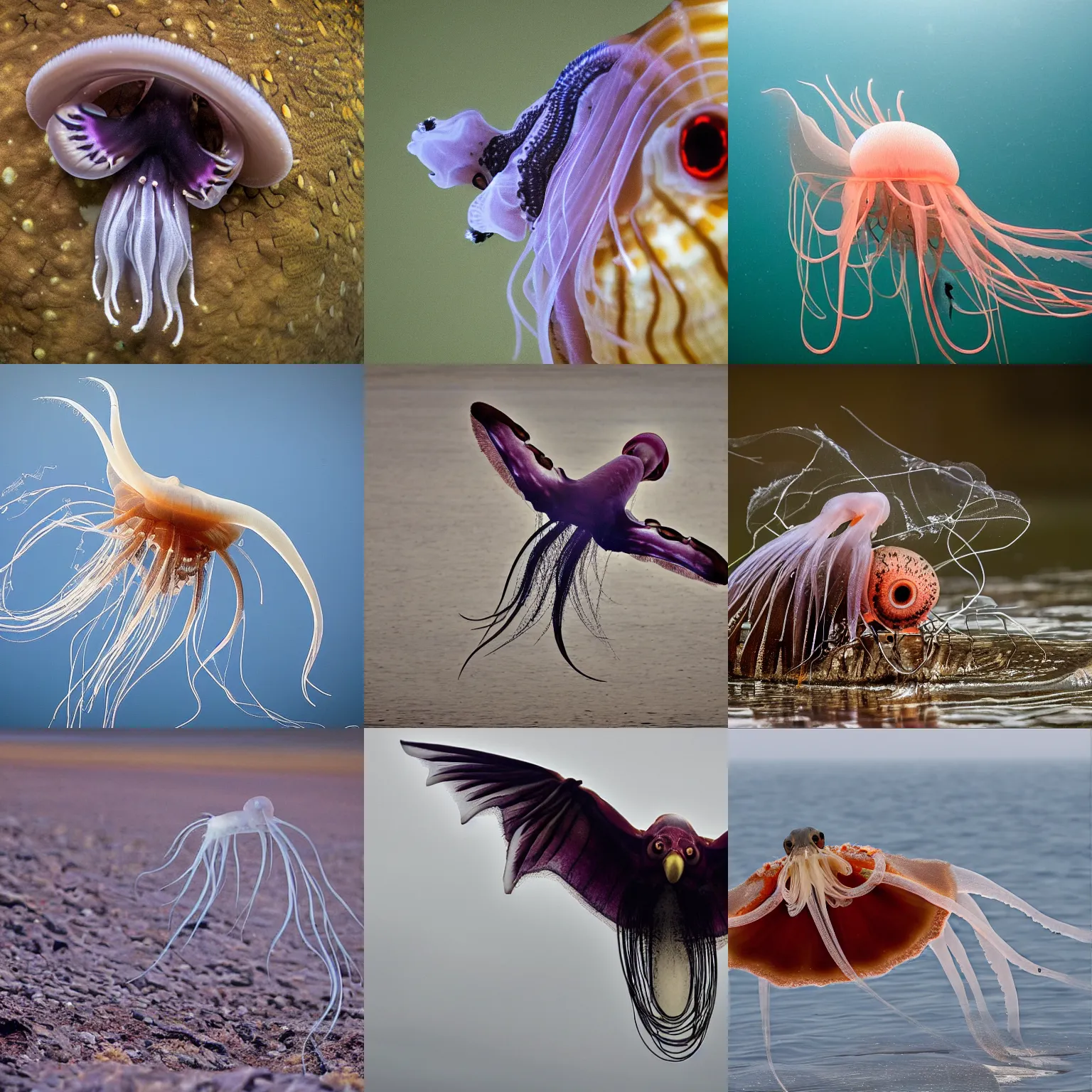 Prompt: a jellyfish-vulture-squid, wildlife photography