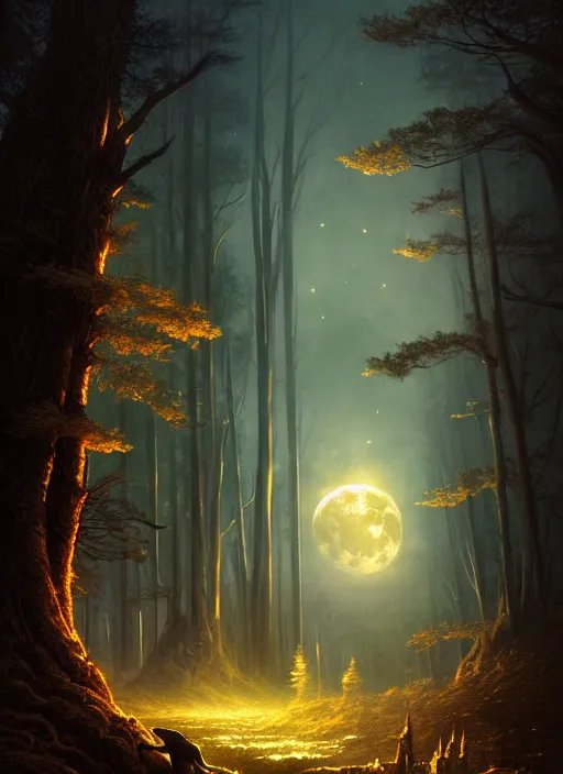 Image similar to fantasy book cover, full moon, fantasy forest landscape, golden vector elements, fantasy magic, dark light night, intricate, elegant, sharp focus, illustration, highly detailed, digital painting, concept art, matte, art by greg rutkowski and Artgerm and Albert Bierstadt, masterpiece