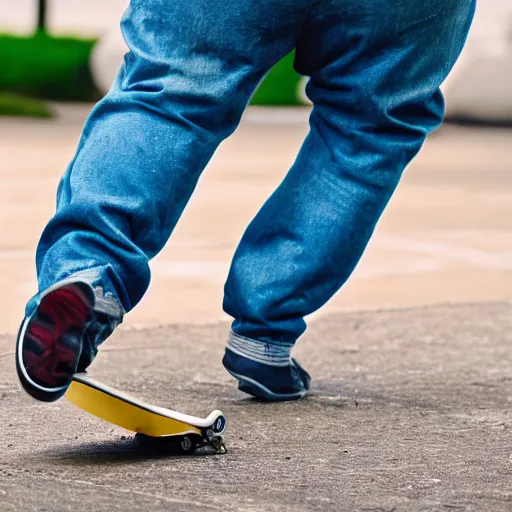 Image similar to obese man falling off of a skateboard, hyper realistic, sony 5 0 mm lens