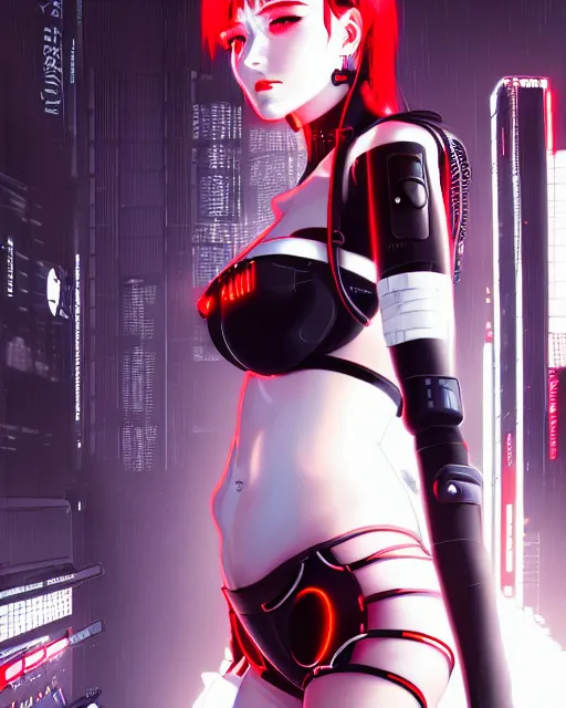 Prompt: a detailed potrait of a cyberpunk cyborg girl with black and red parts, perfect face, realistic shaded perfect face, detailed. night setting. very anime style. realistic shaded lighting poster by ilya kuvshinov katsuhiro, unreal engine, global illumination, radiant light, detailed and intricate environment, full length and white stockings, white bra, white shorts