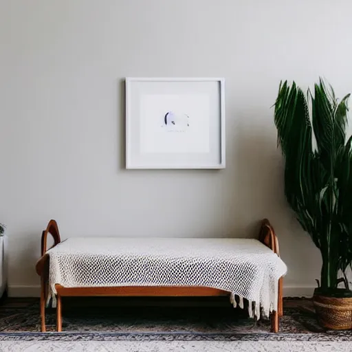 Prompt: minimalist clean spacious empty bright mockup photo of large blank frame on floor with thin light wooden frame moulding, white background wall, light boho carpet, white lamps, white pillows, trending on etsy
