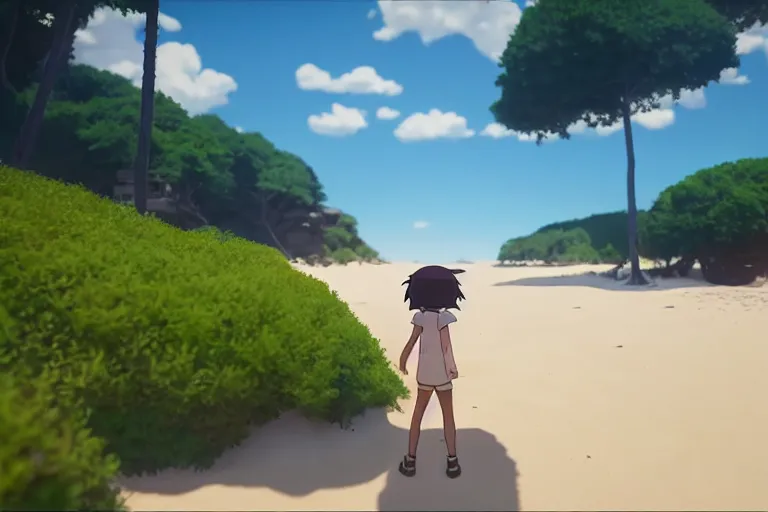 Prompt: game trailer of a semi realistic first person studio ghibli shooter game trailer on a shining beach, beach landscape, cinematic lighting, ray tracing, unreal engine 5, photorealistic