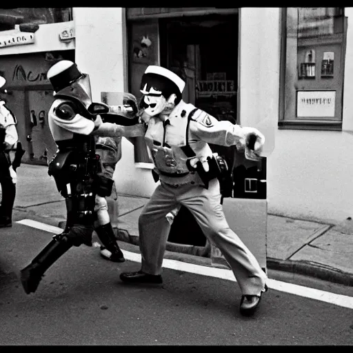 Image similar to a riot cop beating a clown, leica m 9, voigtlander 3 5 mm, 1 9 6 0 s