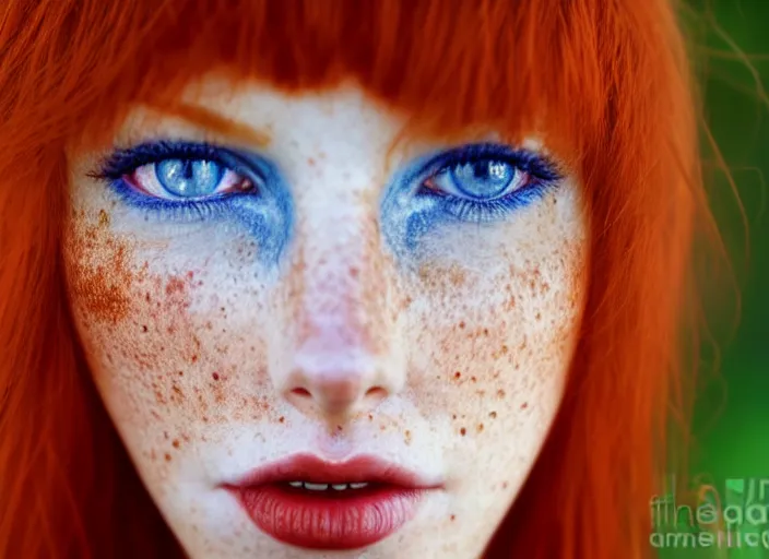 Prompt: award winning 8 5 mm close up face portrait photo of a redhead with deep red hair, freckles and blue eyes in a park by luis royo.