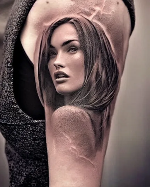 Image similar to creative double exposure effect tattoo design sketch of megan fox faded in beautiful mountain scenery, realism tattoo, in the style of matteo pasqualin, amazing detail, sharp