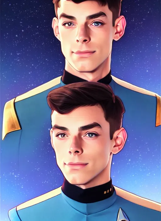 Image similar to cute star trek officer kai havertz, natural lighting, path traced, highly detailed, high quality, digital painting, by don bluth and ross tran and studio ghibli and alphonse mucha, artgerm