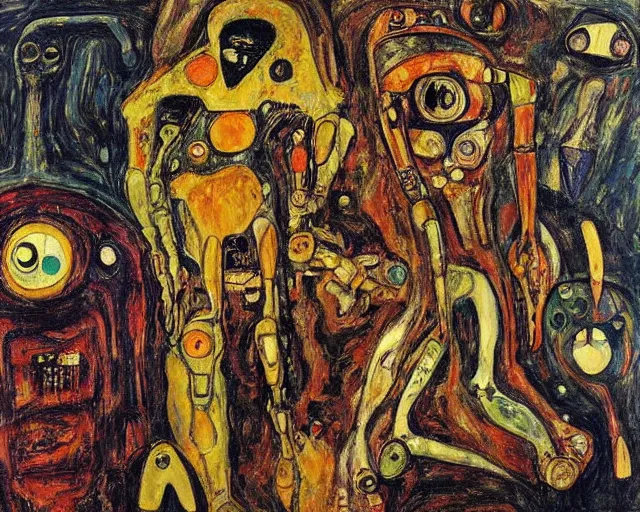 Image similar to a painting of a aliens and robots by graham sutherland, egon schiele, gustav klimt!, expressionism