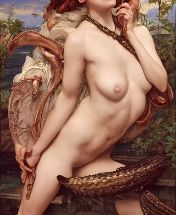 Prompt: a detailed hyperrealistic renaissance mermaid wearing an a bondage leather garters set, honey birdette, realistic renaissance portrait, highly detailed, digital painting, artstation, concept art, smooth, sharp focus, cinematic lighting, art by artgerm and wlop and alphonse mucha and jacques louis david and john william godward