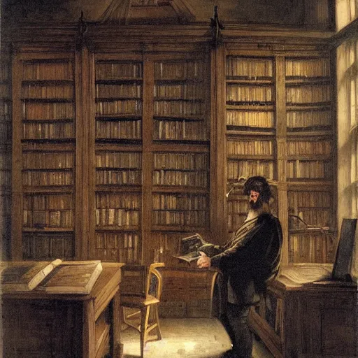 Prompt: Dimly lit library with wide shelves library with a young bald man with medium length full brown beard and vibrant blue eyes sitting with gloom and depression by Jan Matejko. Dark.