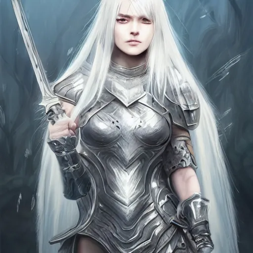 Image similar to fantasy art of beautiful woman warrior in plate armor, medium shot, white hair, very realistic, very detailed, cgsociety, anime, matte painting, intricate, by wlop