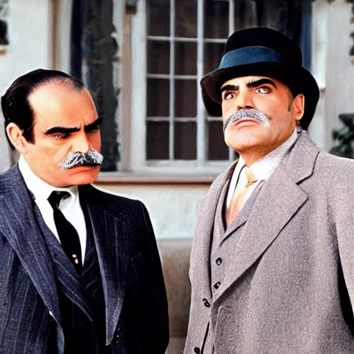 Prompt: scene of the hercule poirot tv serie featuring david suchet