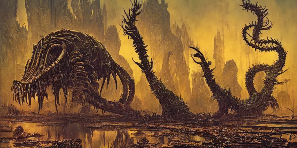 Prompt: swamp beast, bruce pennington, h r giger, rene magritte, vibrant colors, gorgeous lighting, highly detailed, 4, 4 k rtx hdr volume light concept studio matte painting environement digital