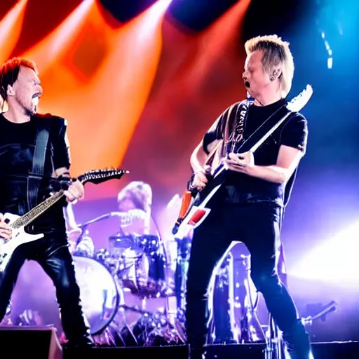 Prompt: matt bellamy from muse and james hetfield from metallica playing on stage, 2 0 1 5 live music video