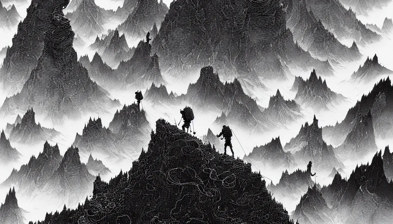 Image similar to backpacking up the edge of a mountain by nicolas delort, moebius, victo ngai, josan gonzalez, kilian eng