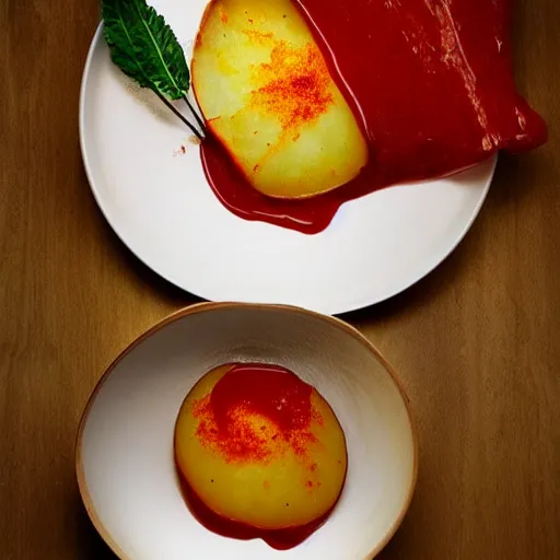 Prompt: El Bulli dish - Potato with Ketchup, food photography, award winning, mind-bending