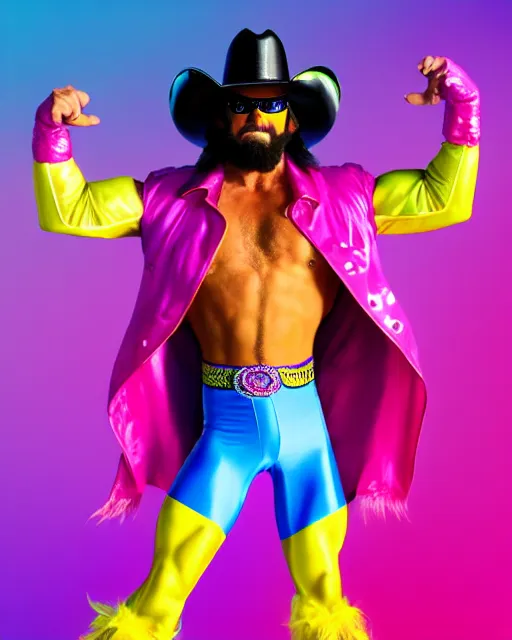 Image similar to disney pixar portrait 8 k photo of macho man randy savage wearing brightly colored spandex pants, jacket, and cowboy hat : : as ultimate professional wrestler by pixar : : by weta, greg rutkowski, wlop, ilya kuvshinov, rossdraws, artgerm, annie leibovitz, rave, unreal engine, alphonse mucha : :