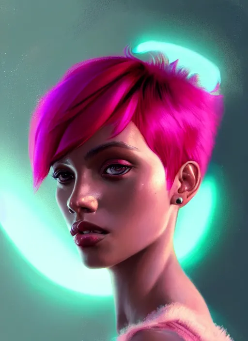 Image similar to portrait of vanessa morgan with bright pink hair, curly pixie cut hair, intricate, elegant, glowing lights, highly detailed, digital painting, artstation, concept art, smooth, sharp focus, illustration, art by wlop, mars ravelo and greg rutkowski