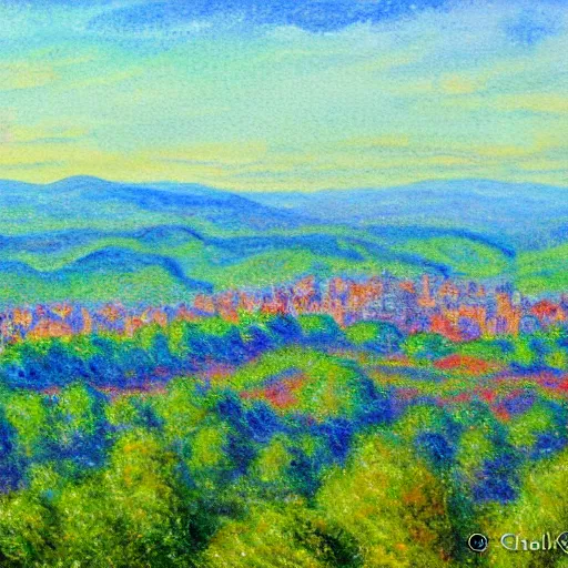 Prompt: asheville skyline from beaucatcher mountain, in the style of claude monet, watercolor, beautiful, scenic, award winning, 4 k, hd
