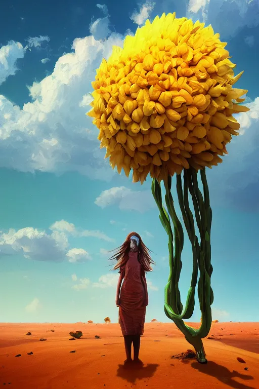 Prompt: closeup, giant flower head, a girl in desert, surreal photography, wind and cold, dramatic sky, impressionist painting, digital painting, artstation, simon stalenhag