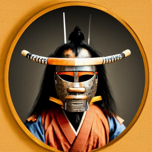 Image similar to a potrait of a samurai warrior taken in 1 6 3 0, in a circle, kodak 4 0 0, nft style, facing sideways, wearing an oni mask, grain, scretch, high quality, 8 k, photorealistic, real, old photo style