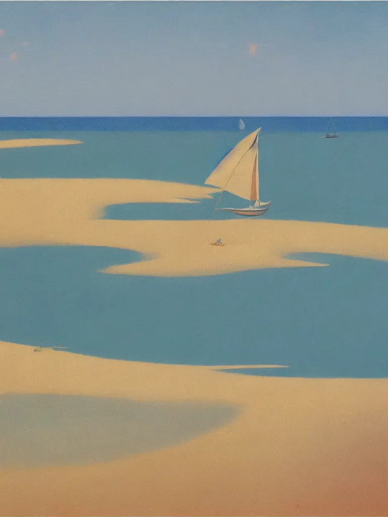 Prompt: a boat on water at bassin d'arcachon in first plan a sand dune in the background with the sky above, australian tonalism, pale gradients design, matte drawing, clean and simple design, outrun color palette. a vintage neo retro poster painted by Morandi, Agnes Pelton