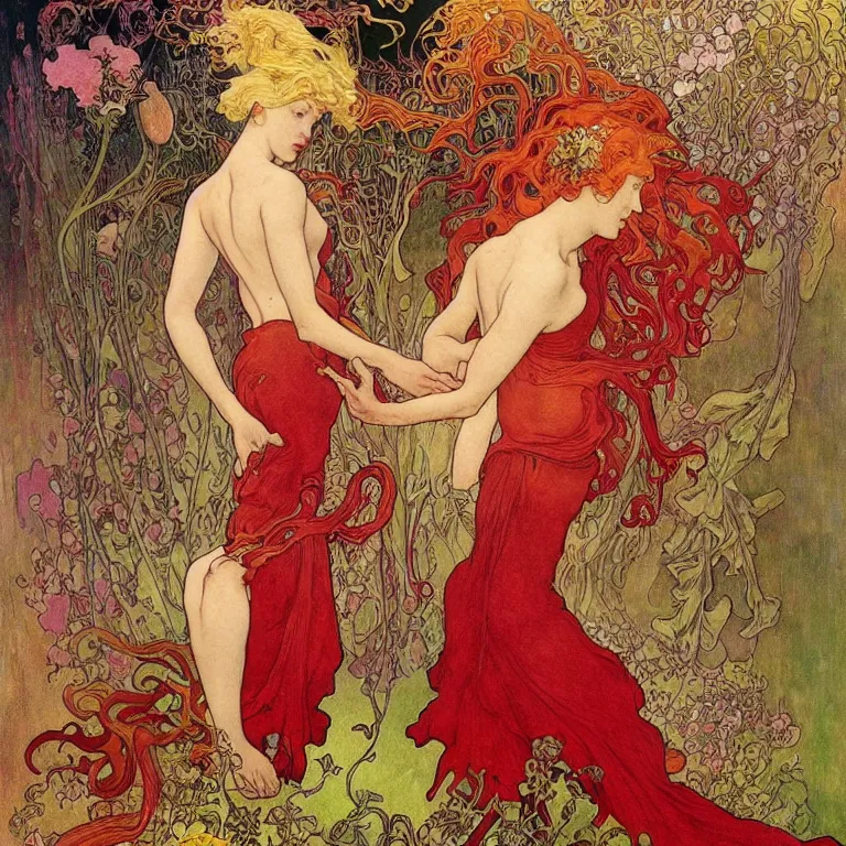 Image similar to There is a woman in a red dress, with white hair on a golden background, with pink flowers Anton Pieck,Jean Delville, Amano,Yves Tanguy, Alphonse Mucha, Ernst Haeckel, Edward Robert Hughes,Stanisław Szukalski and Roger Dean