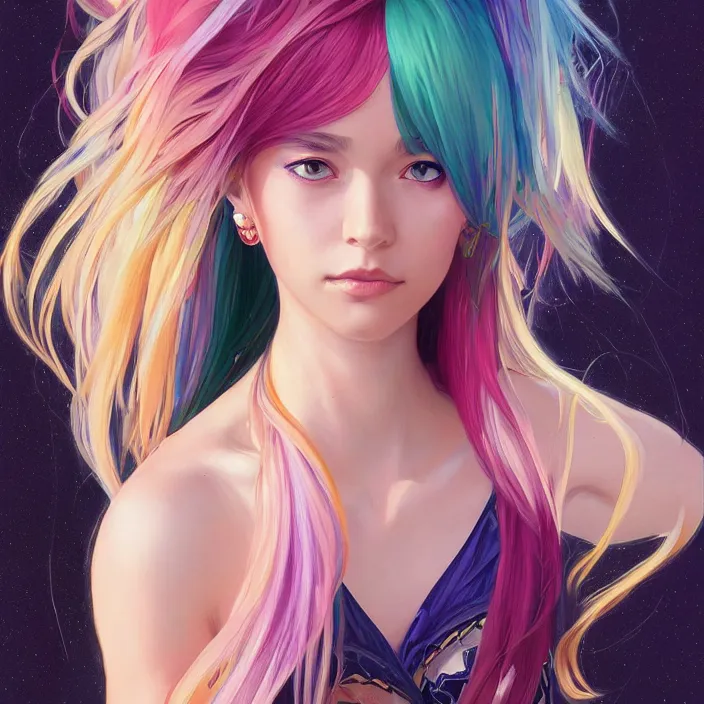 Image similar to portrait of beautiful symmetrical anime girl, rainbow hair, attractive, casual, modern, victoria's secret, highly detailed, digital painting, artstation, concept art, smooth, sharp focus, illustration, art by artgerm, greg rutkowski and alphonse mucha, 8 k,