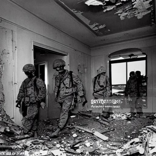 Prompt: American soldiers entering a ruined apartment, cinematic photography