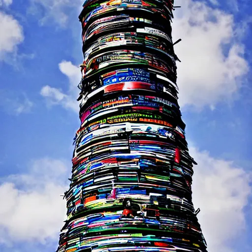 Image similar to tower of babel reaching up to heaven but it is made from vinyl records