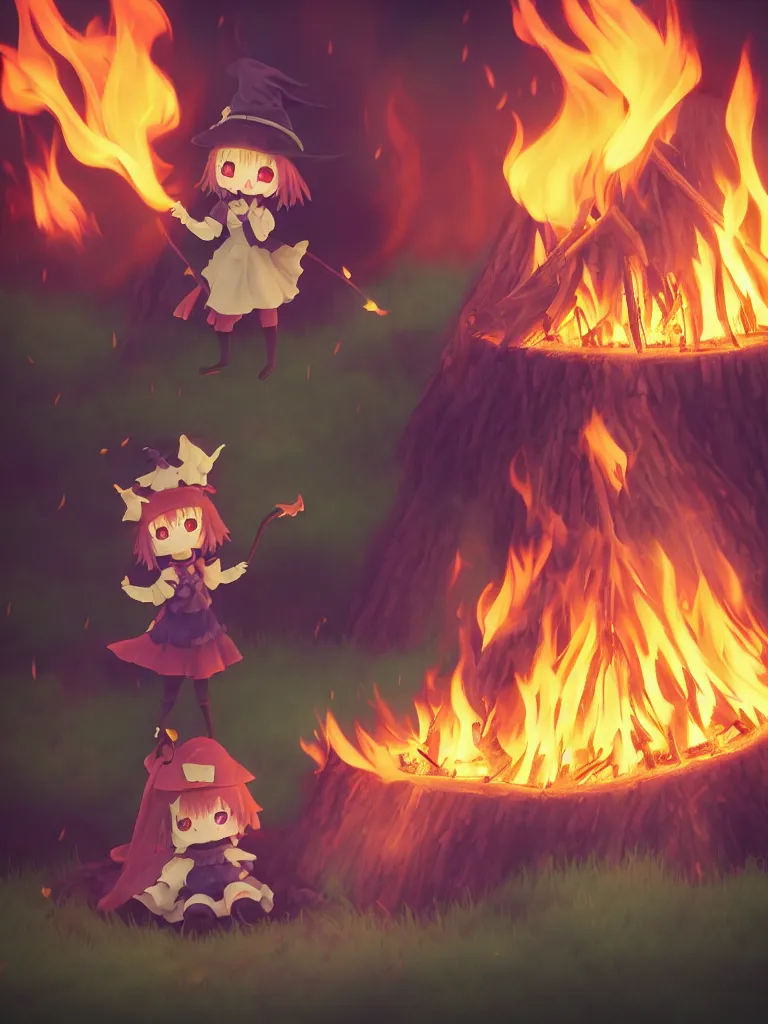 Image similar to cute fumo plush manic happy witch pyromaniac girl giddily starting a huge bonfire in the forest, anime, burning flames, warm glow and volumetric smoke vortices, rule of thirds composition, vignette, vray