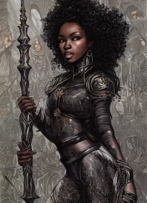 Prompt: painting of alluring cleric black woman in the holy temple, detailed face, messy black hair, skintight tunic and leggins, circlet, silver accessories, high fantasy, dnd, smooth, sharp focus, award - winning, masterpiece, extremely detailed, intricate, art by rebecca guay, rossdraws
