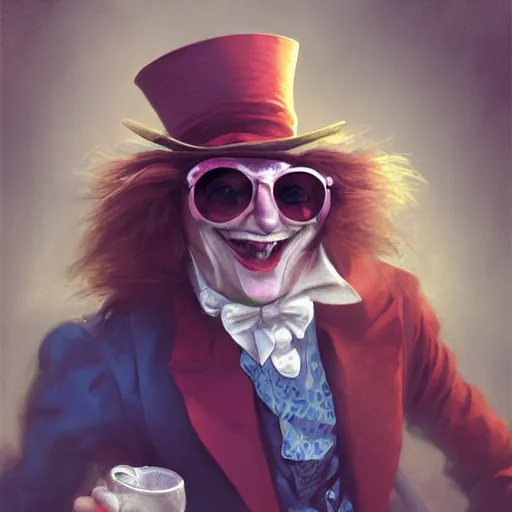 Image similar to the mad hatter, wearing shades, drinking tea, by Viktor Antonov,, greg rutkowski, fantasy, D&D, trending on artstation, smooth, sharp focus