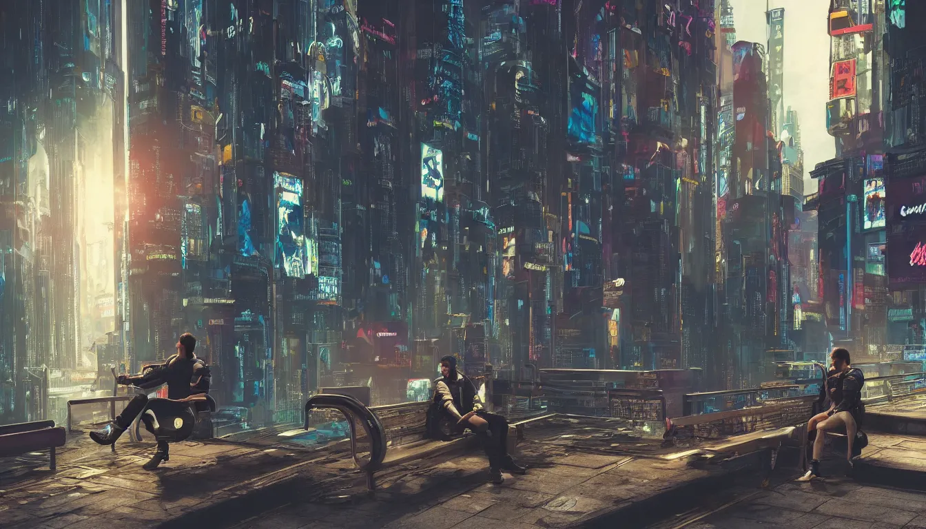 Image similar to Cyberpunk 2077 protagonist Johnny Silverhand sitting on a public bench with a sad face in new york city, 4k, concept art, by Lea Leonowicz