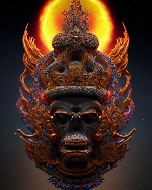 Image similar to 3 d ornate carved dark cosmic king with profile portrait, sigma 5 0 0 mm f / 5. beautiful intricate highly detailed quetzalcoatl skull. bioluminescent, plasma, lava, ice, water, wind, creature, thunderstorm! artwork by tooth wu and wlop and beeple and greg rutkowski, 8 k trending on artstation